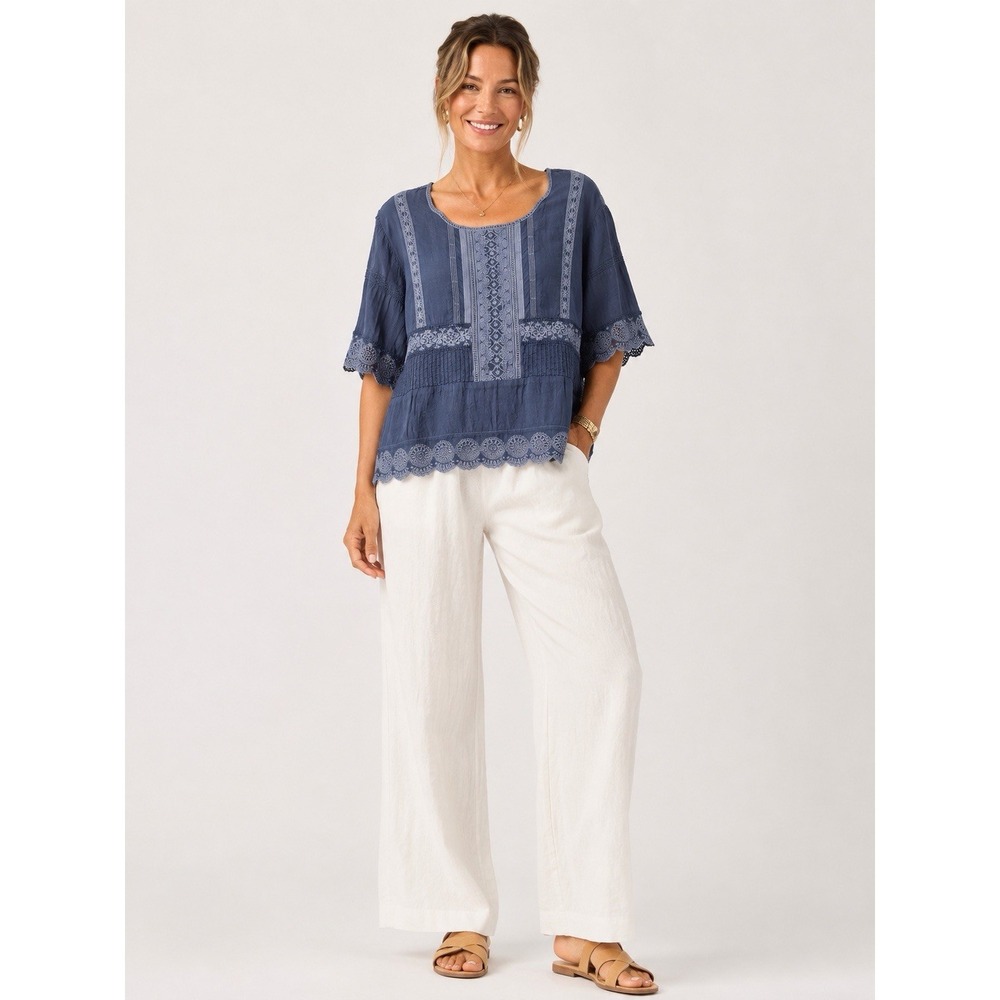 Johnny Was Manchenho Tunic Top XL Blue Embroidered Eyelet Cupro Rayon Boho